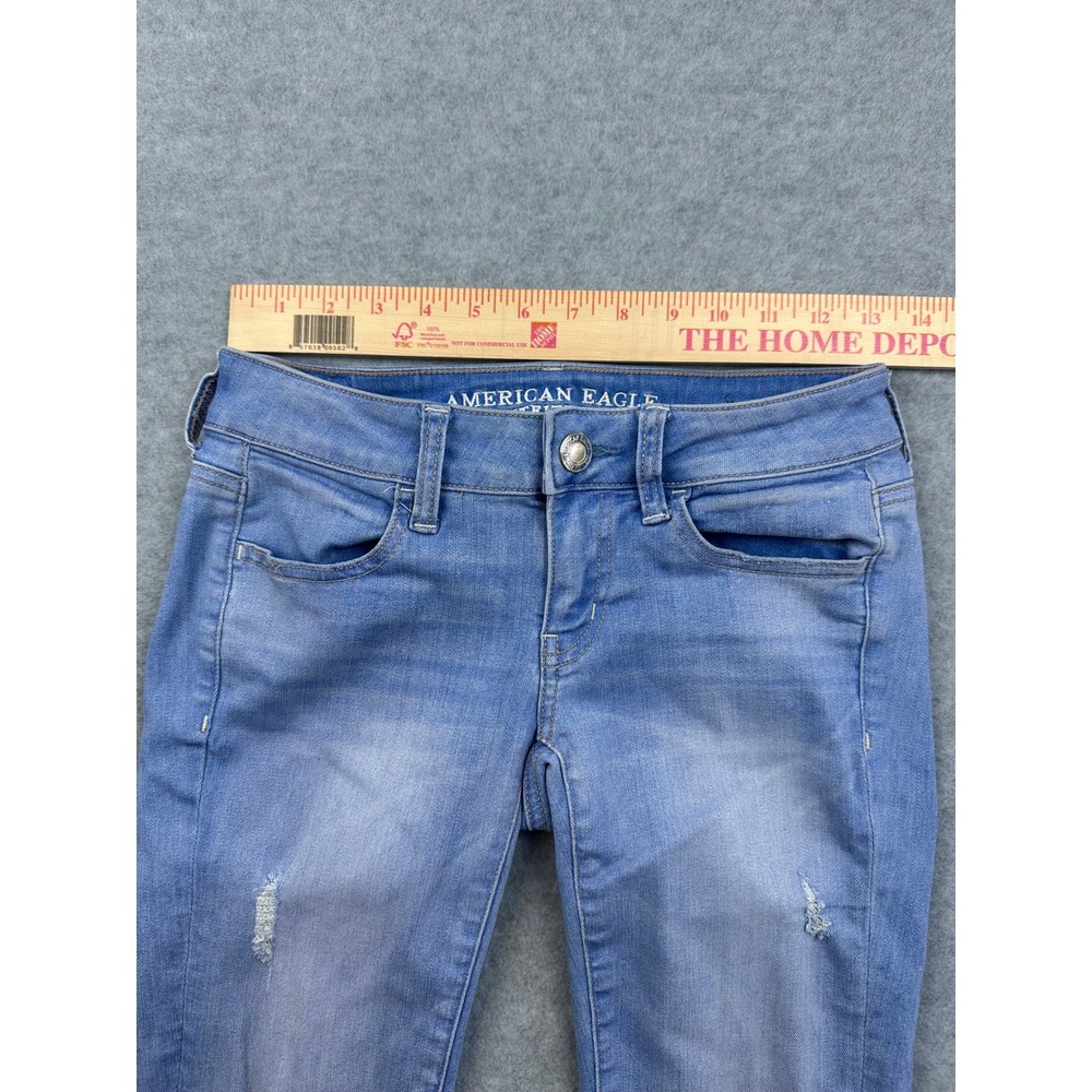 American Eagle Super Super Stretch Skinny Jeans Light Wash Distressed Blue Sz 2 - Picture 7 of 9